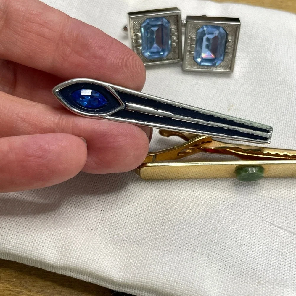 Swank Vintage Assortment Men's Cufflinks and Tie Bar Accessory Set Blue Green